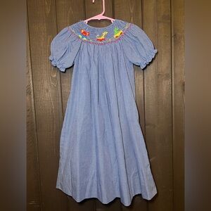 Anavini Hand Smocked Blue Checkered  Dress Long Girls Sz 5 Zoo Animals EUC.